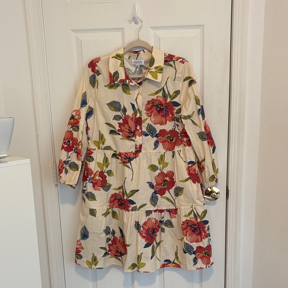 Tahari Cream Floral Dress with Red and Green Accents